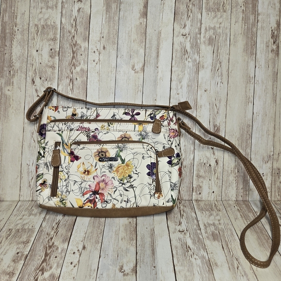 MultiSac Crossbody Purse Floral Butterfly Print Multiple Zip Pockets Cream EUC - Picture 2 of 13
